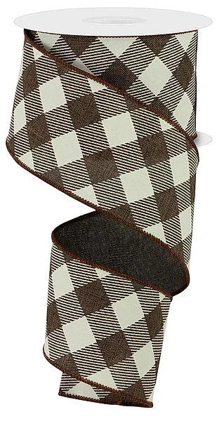 2.5 Inch By 10 Yard Brown And Ivory Diagonal Check On Royal Ribbon