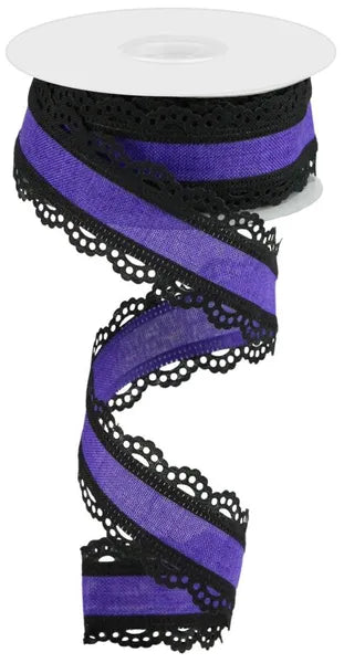 1.5 Inch Black And Purple Lace Edge Royal Burlap Ribbon