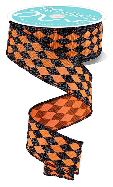 1.5 Inch By 10 Yard Orange And Black Glitter Harlequin Ribbon