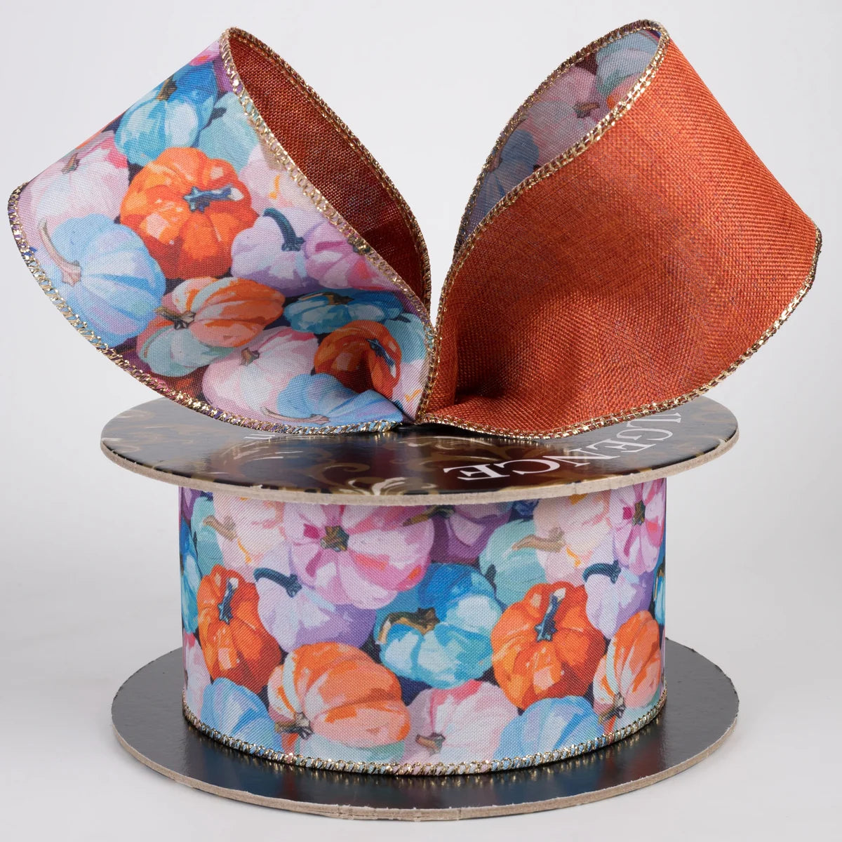 2.5 Inch By 10 Yard Abstract Linen Pastel Pumpkins With Rust Backing Ribbon