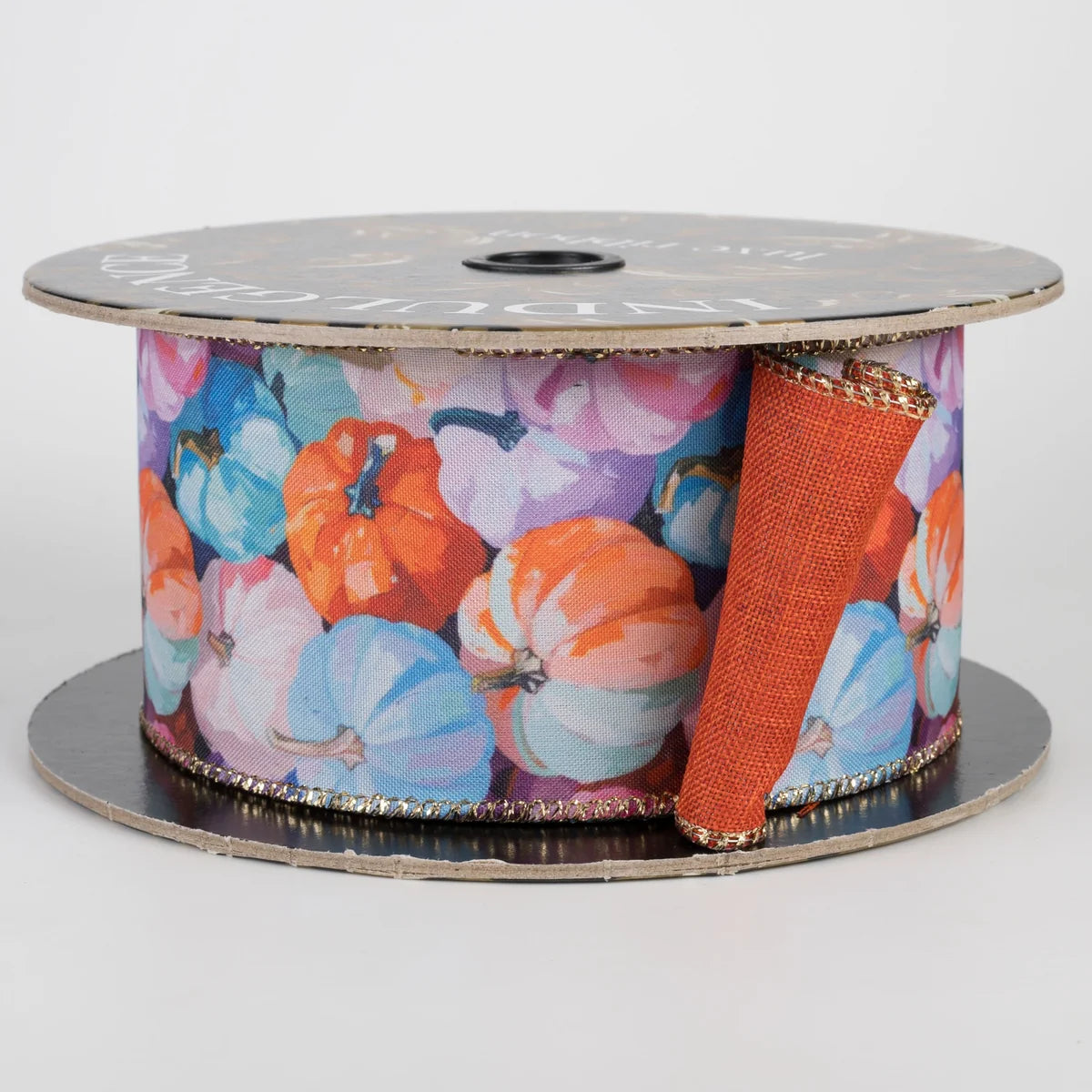 2.5 Inch By 10 Yard Abstract Linen Pastel Pumpkins With Rust Backing Ribbon