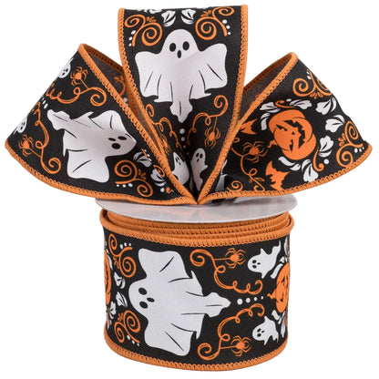 2.5 Inch By 10 Yard Ghost And Pumpkin Halloween Damask Ribbon