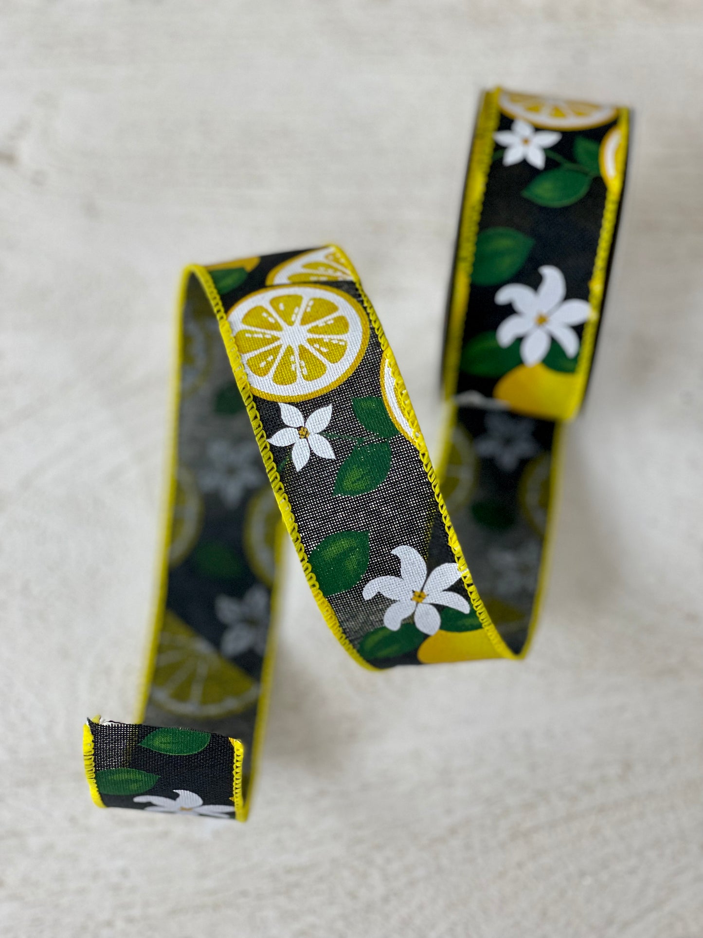 1.5 Inch By 10 Yards Black Linen With Lemons And Flowers Ribbon