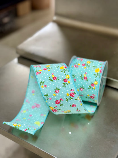 2.5 Inch By 10 Yard Mint Green Vintage Floral With Dots Ribbon