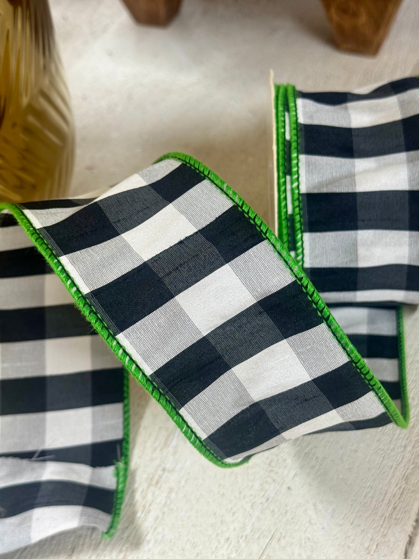 2.5 Inch By 10 Yard Black And White Gingham Check With Lime Edging Ribbon