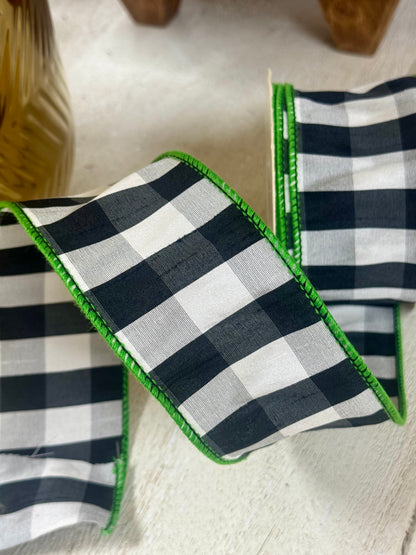 2.5 Inch By 10 Yard Black And White Gingham Check With Lime Edging Ribbon