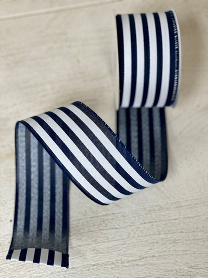 2.5 Inch By 10 Yard Navy And White Cabana Stripe Ribbon