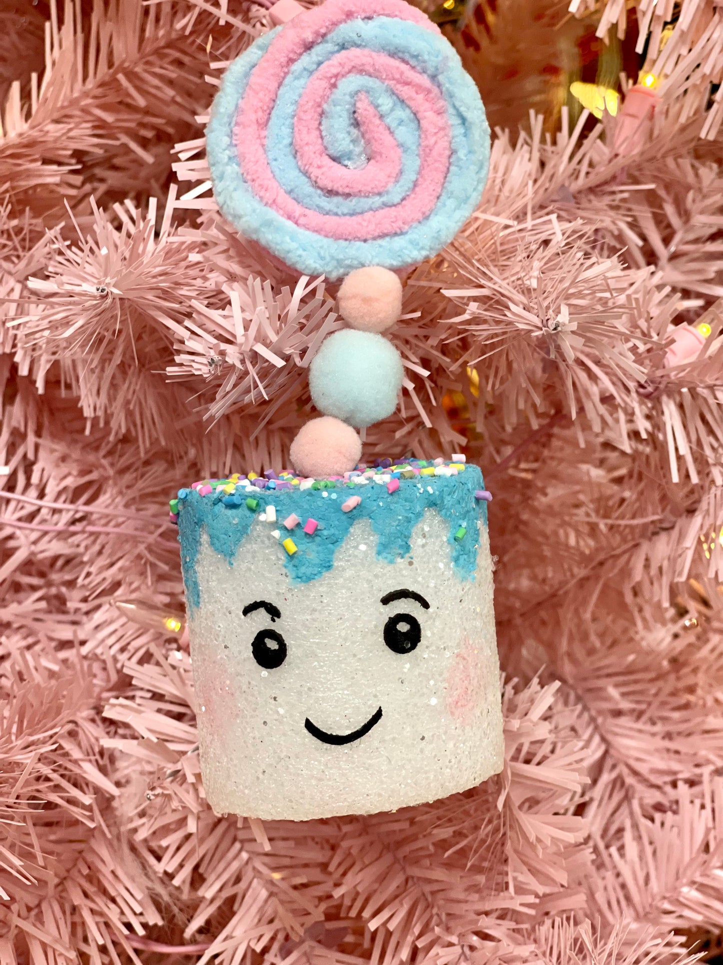 Happy Marshmallow Confection Blue Chenille Icing Ornament