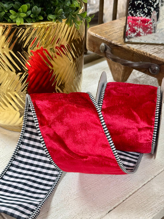4 Inch By 5 Yards Red Plush Velvet With Black And White Gingham Back Ribbon