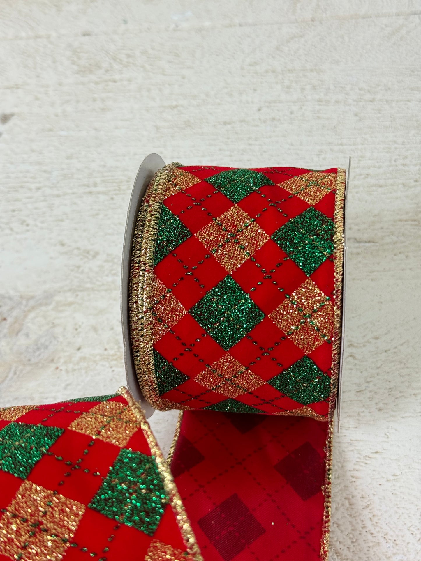 2.5 Inch By 10 Yard Red Velvet With Green And Gold Diamonds Ribbon