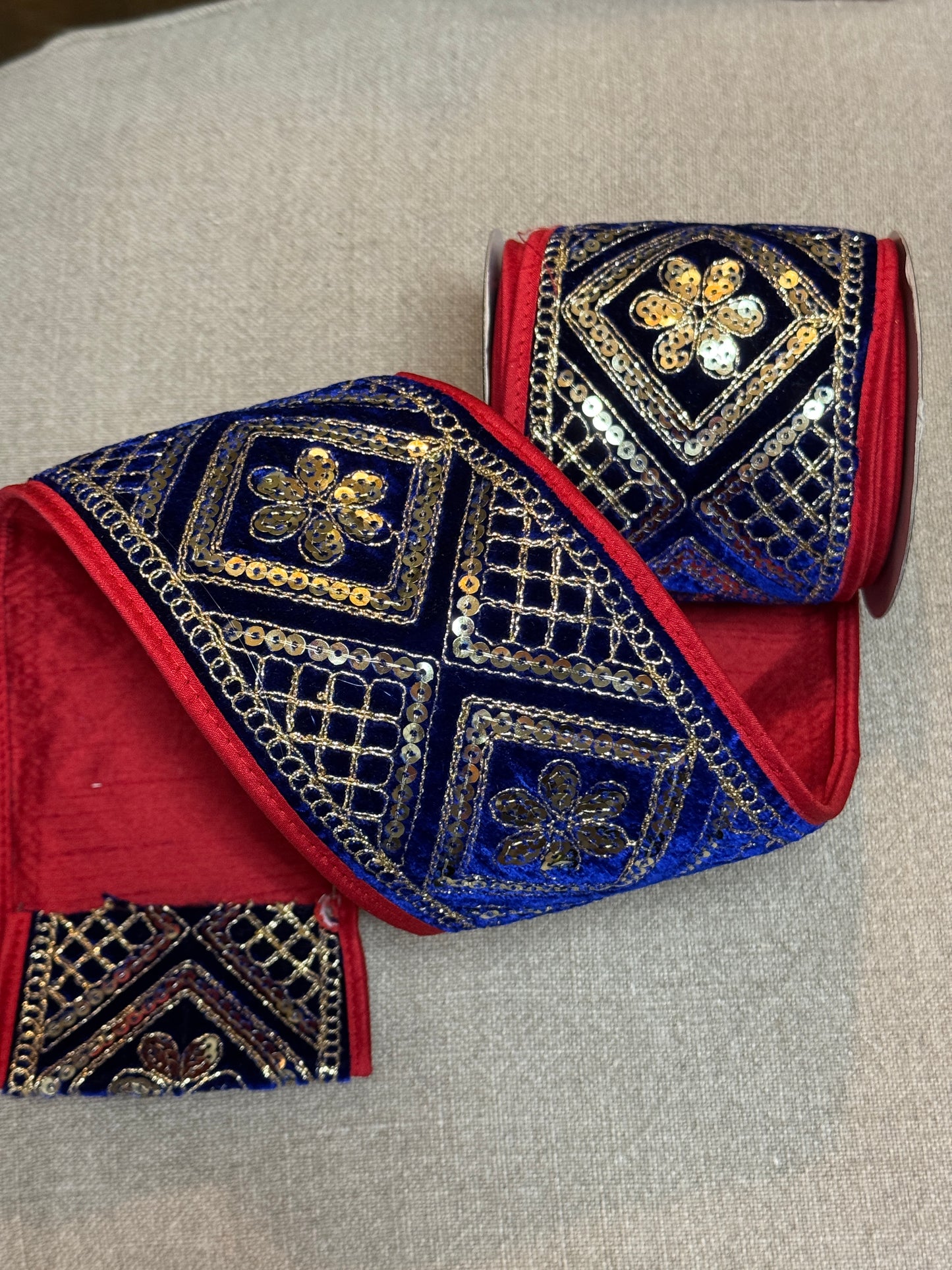 John Mark 4 Inch By 5 Yard Red And Blue Sequin Embroidered With Velvet Fused Piping Ribbon