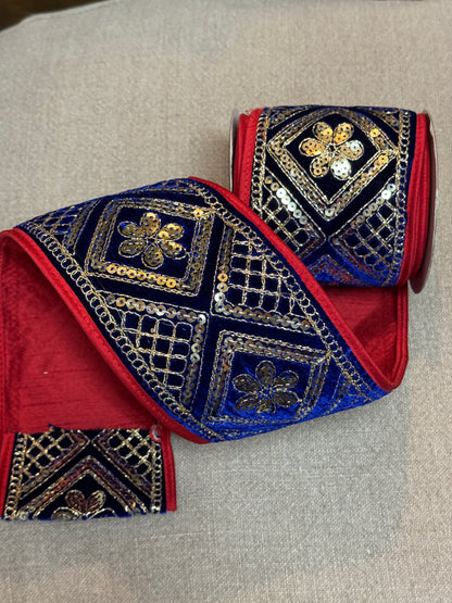John Mark 4 Inch By 5 Yard Red And Blue Sequin Embroidered With Velvet Fused Piping Ribbon