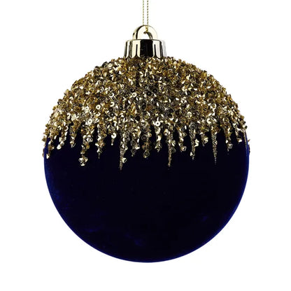 4.75 Inch Navy And Gold Flocked Sequin 2D Ball Ornament