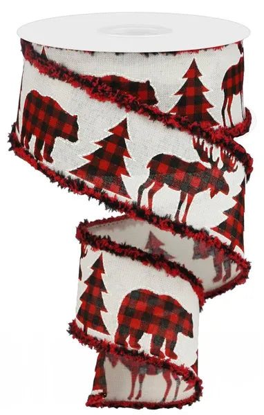 2.5 Inch By 10 Yard Plaid Moose Bear And Tree With Black And Red Drift Edge Ribbon