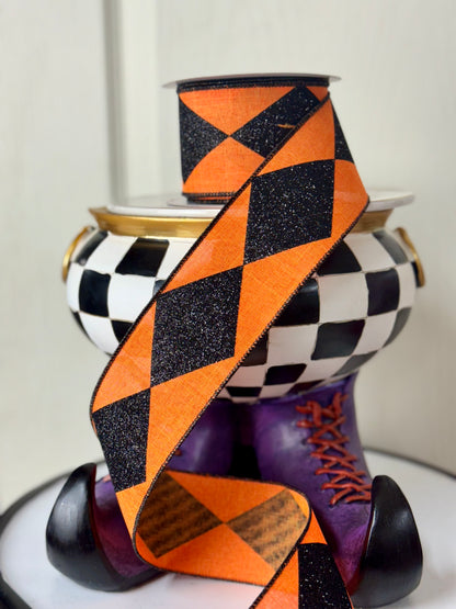 2.5 Inch By 10 Yard Orange And Black Bold Harlequin Ribbon