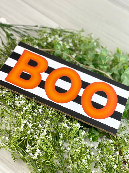 Black And White Striped Boo Wooden Sign