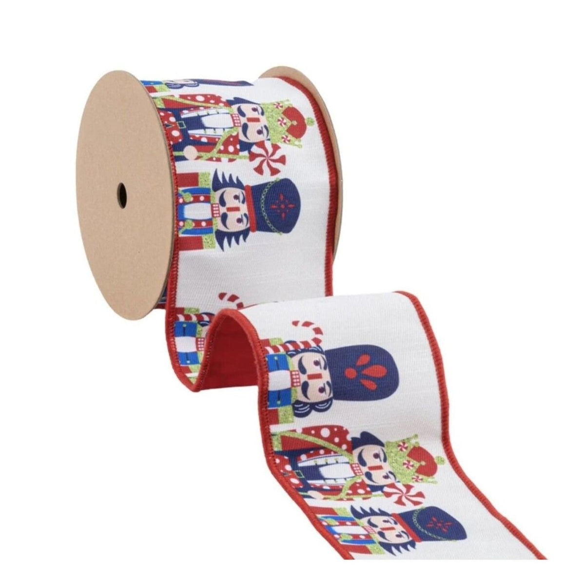 4 Inch By 10 Yard Printed Nutcracker With Red Backing Ribbon