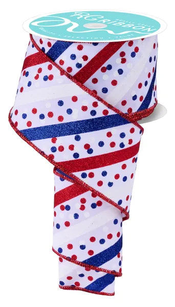 2.5 Inch By 10 Yard Red White And Royal Blue Glitter Stripe With Confetti Dots Ribbon