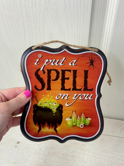 7 Inch Halloween Spells Metal Sign Two Assorted