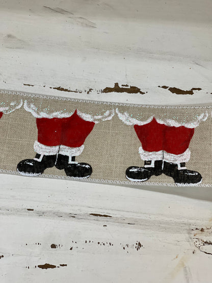 Santa Legs on Natural Wired 2.5 Inch Ribbon
