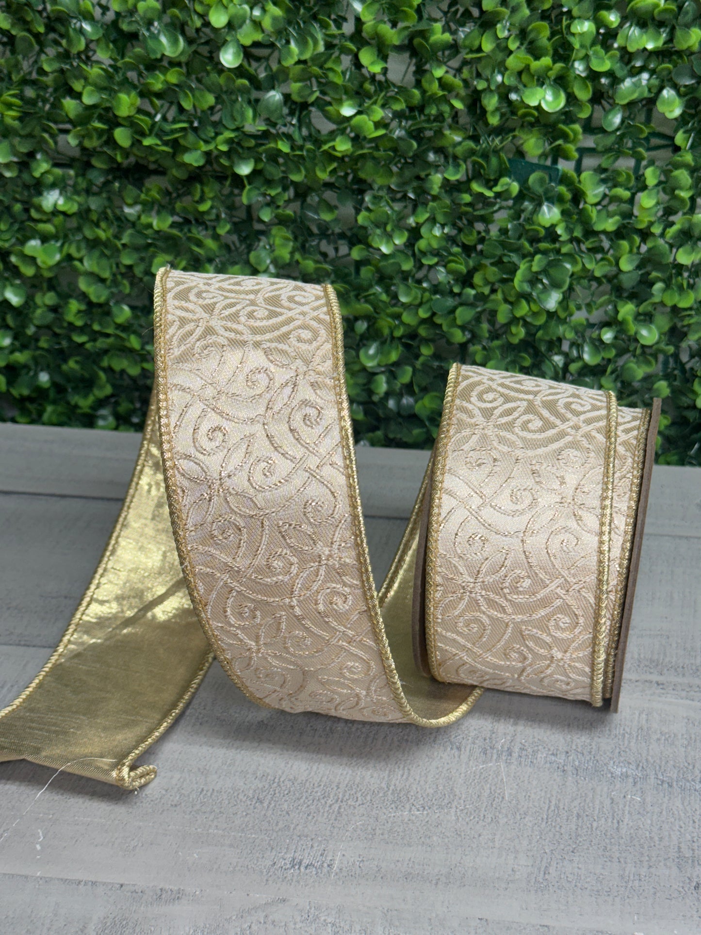 2.5 Inch By 10 Yard Ivory With Gold Jacquard Fused Backing Ribbon
