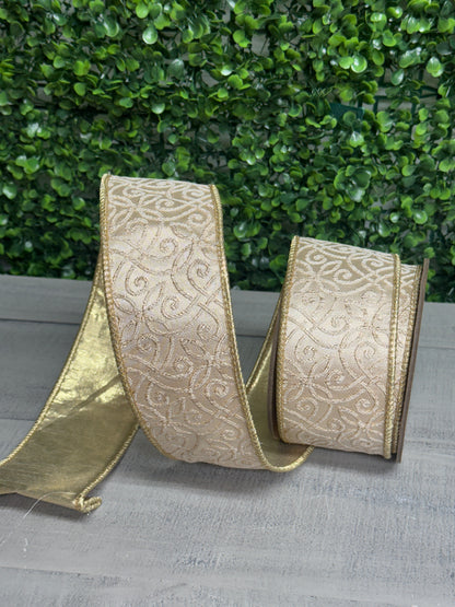 2.5 Inch By 10 Yard Ivory With Gold Jacquard Fused Backing Ribbon