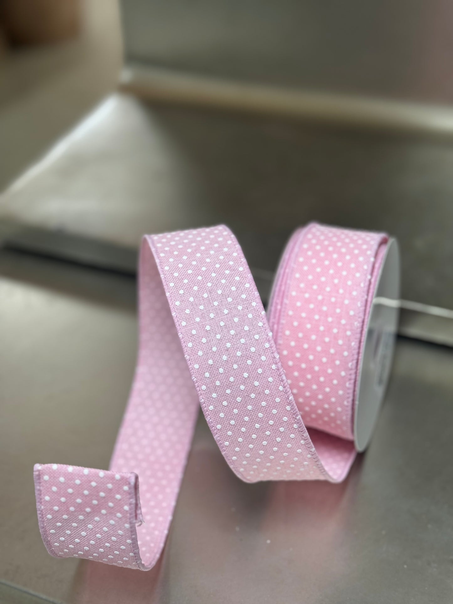 1.5 Inch By 10 Yard Light Pink And White Raised Polka Dot Ribbon