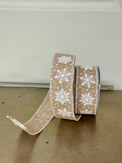 1.5 Inch By 10 Yard Tan And White Snowflake Ribbon