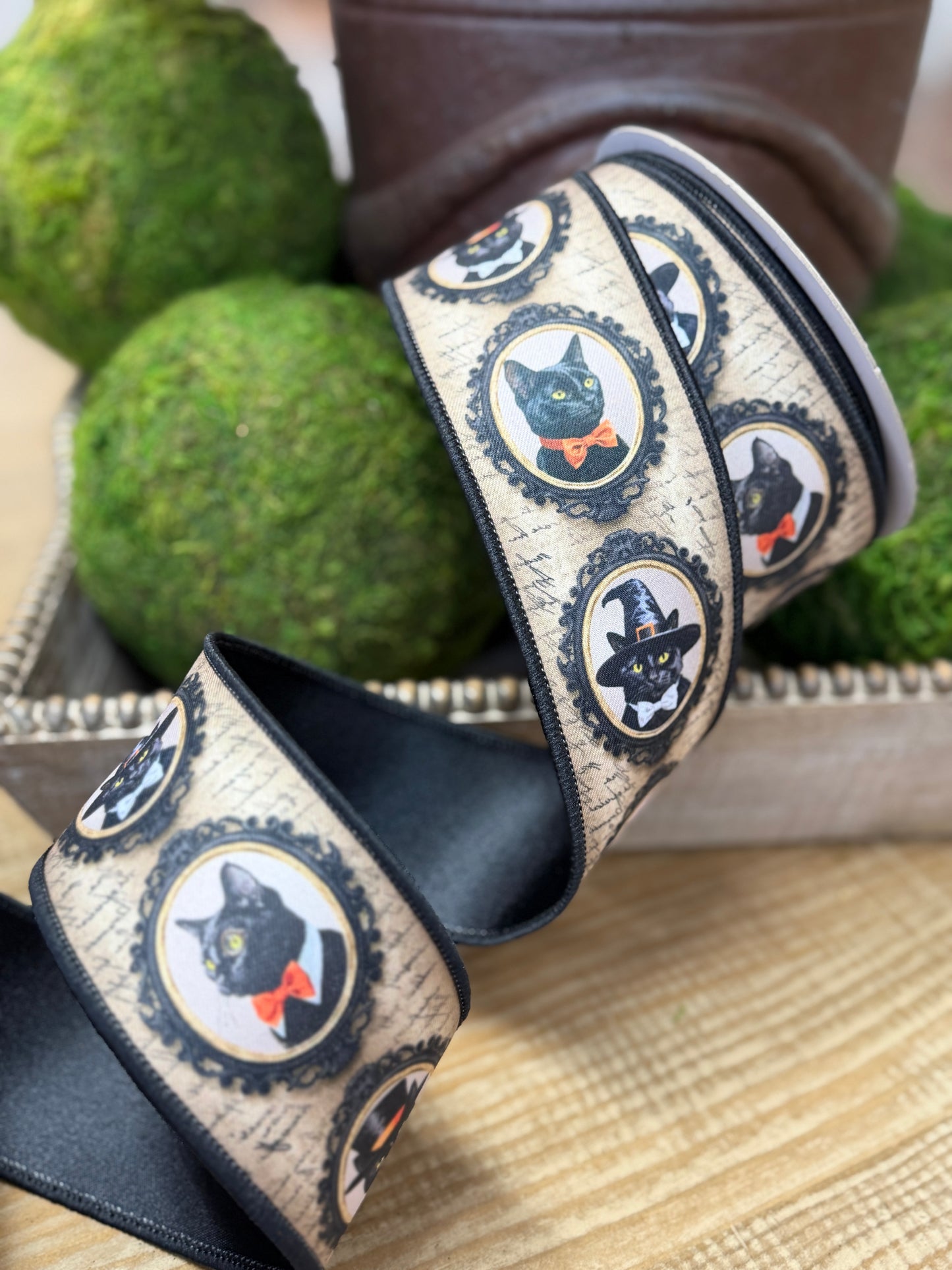 2.5 Inch By 10 Yard Black And Grey Vintage Black Cat Fused Ribbon