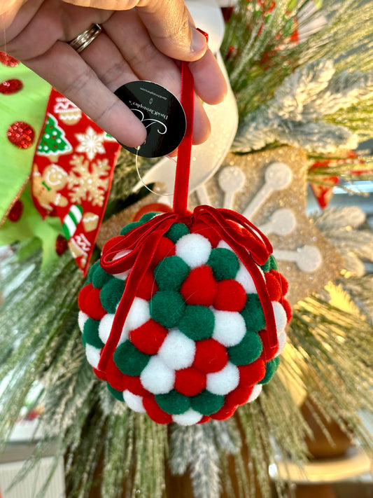 4 Inch Perfectly Whimsical Red Green And White Pom Pom Ornament Ball