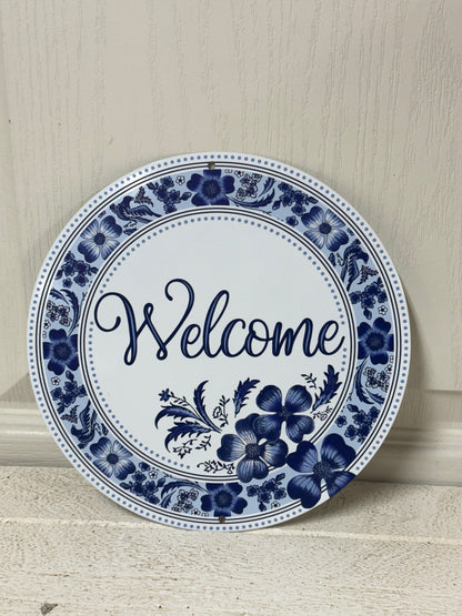 8 Inch Welcome Blue And White Metal Sign