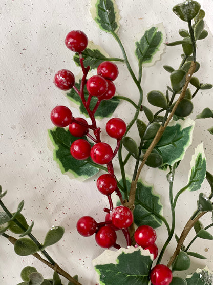 13 Inch Red Berry With Holly And Boxwood Pick