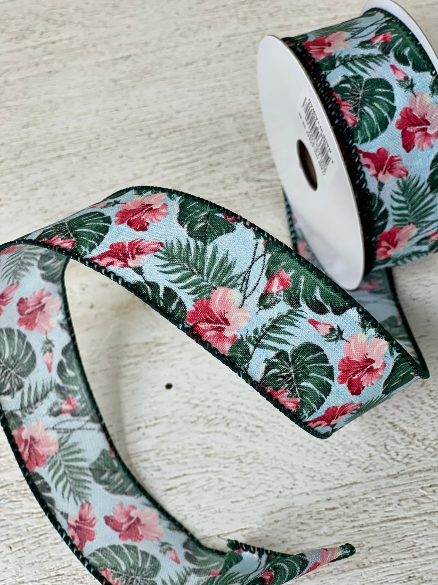 1.5 Inch By 10 Yard Hibiscus And Monster Leaves Ribbon