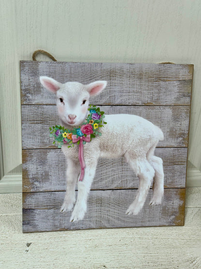 10 Inch Lamb With Floral Wreath Sign