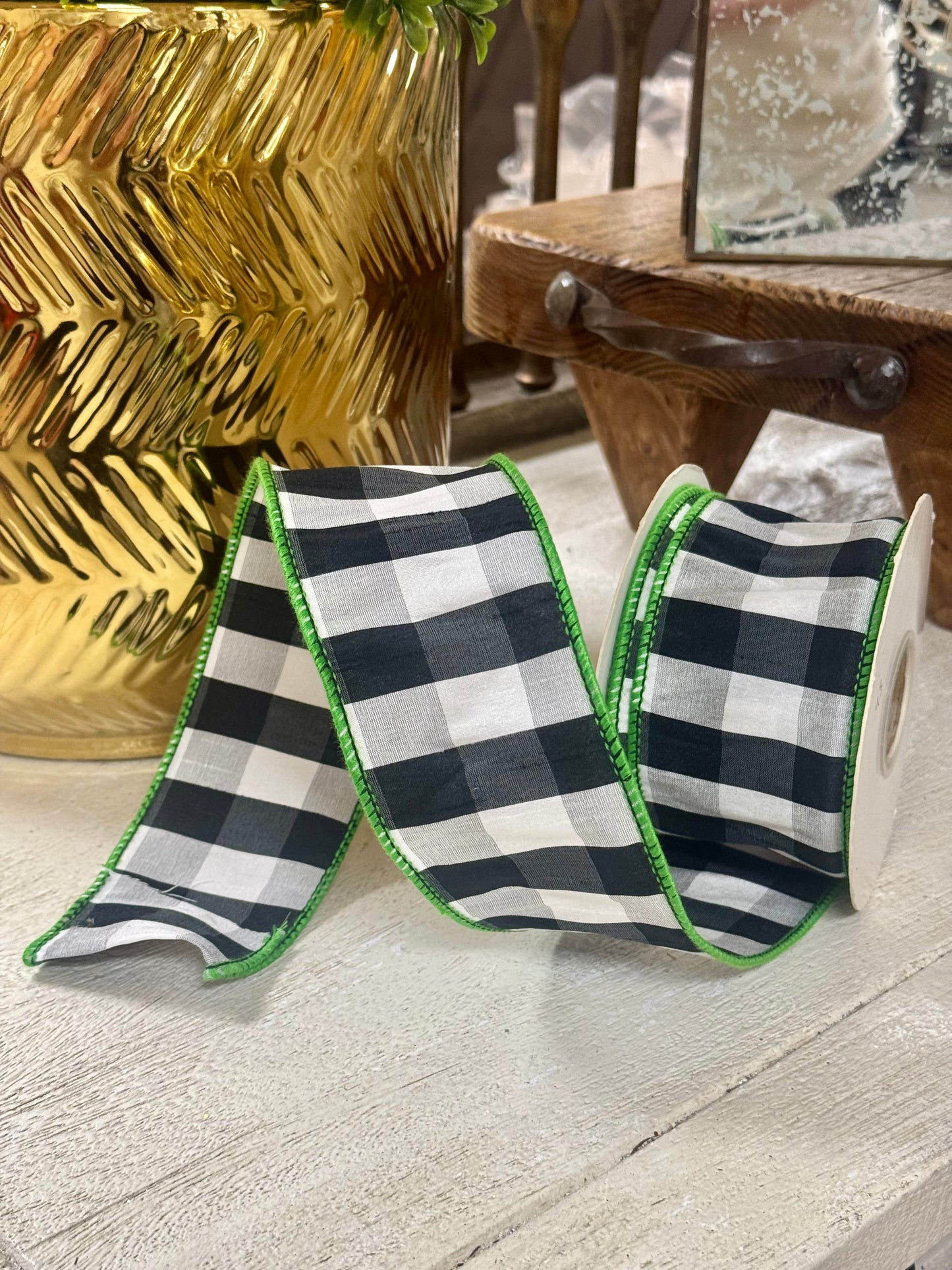 2.5 Inch By 10 Yard Black And White Gingham Check With Lime Edging Ribbon