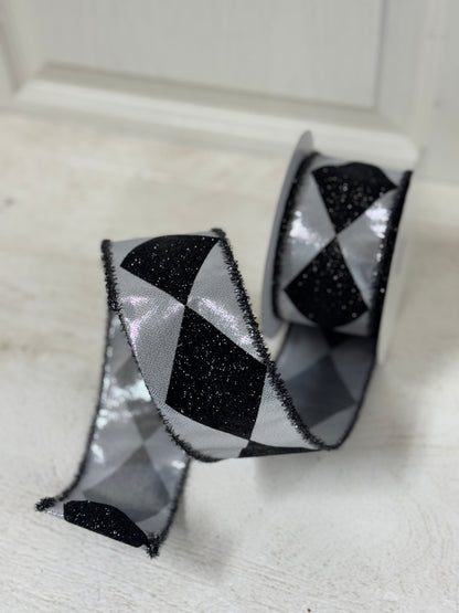 2.5 Inch By 10 Yard Black And Silver Bold Harlequin With Black Tinsel Edge Ribbon