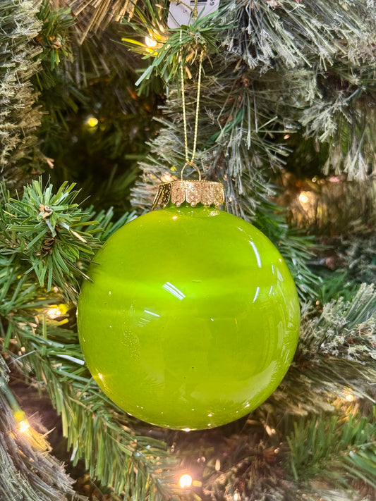 4 Inch Lime Green Lacquer Glass Look Ornament Ball
