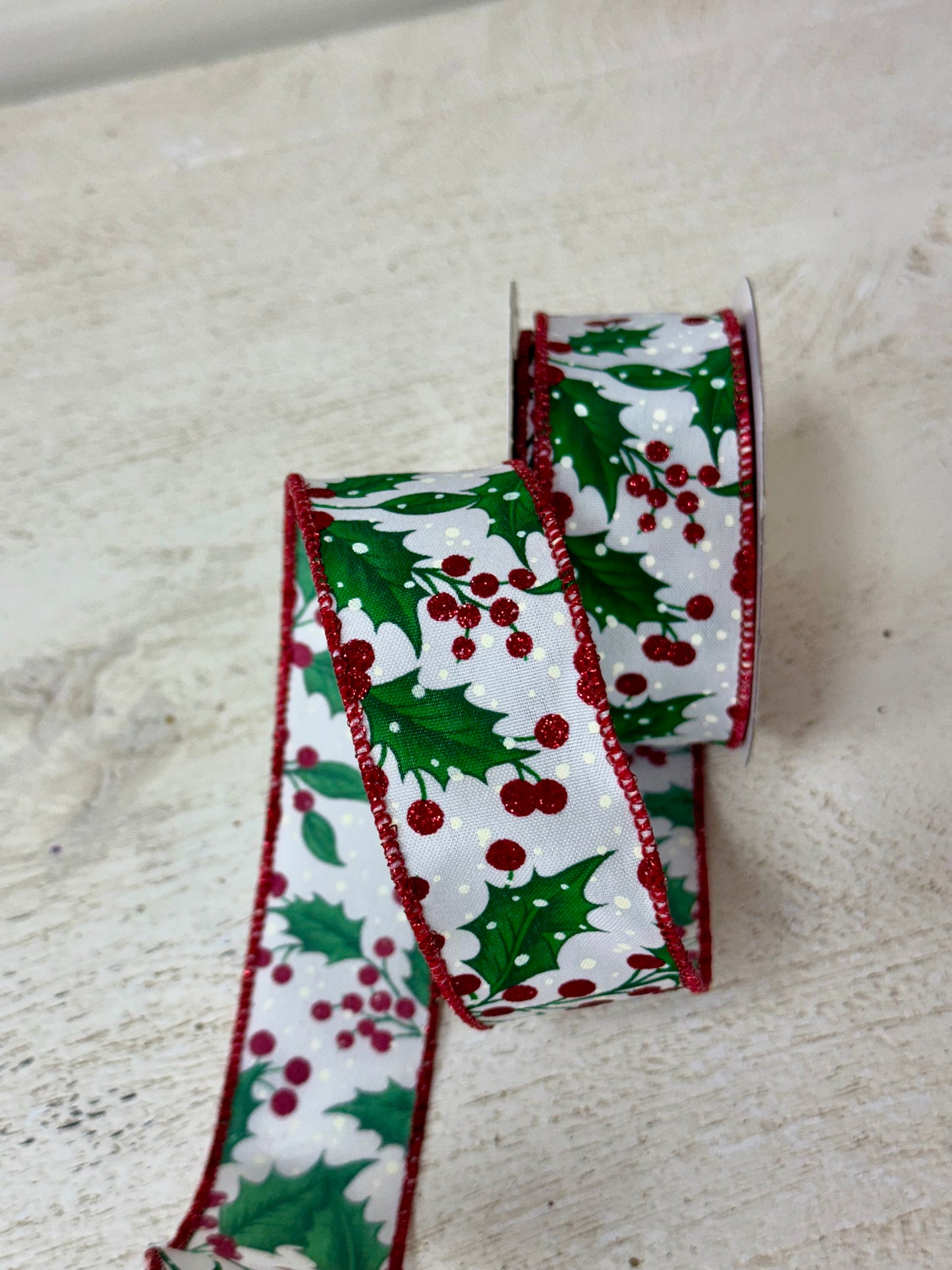 1.5 Inch By 10 Yard Holly Leaves And Berries Ribbon