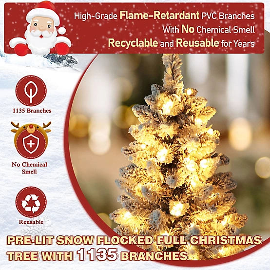 Veikous 7.5 Foot Artificial Flocked Christmas Tree With Color Changing Lights Pre Lit Open Box