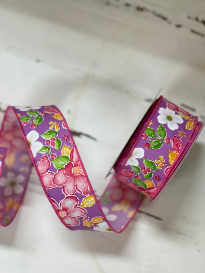 1.5 Inch By 10 Yard Purple Background With Watercolor Flowers Ribbon