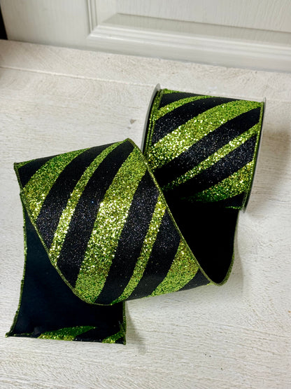 4 Inch By 10 Yard Lime Green And Black Glitter Giant Diagonal Lines Ribbon