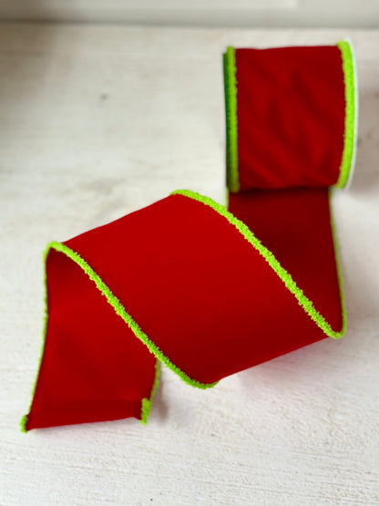 4 Inch By 10 Yard Red Velvet With Green Drift Ribbon