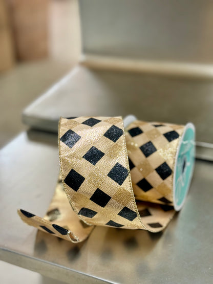 2.5 Inch By 10 Yard Gold And Black Diamond Check