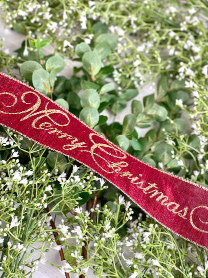2.5 Inch By 10 Yard Burgundy Background With Merry Christmas In Gold Ribbon