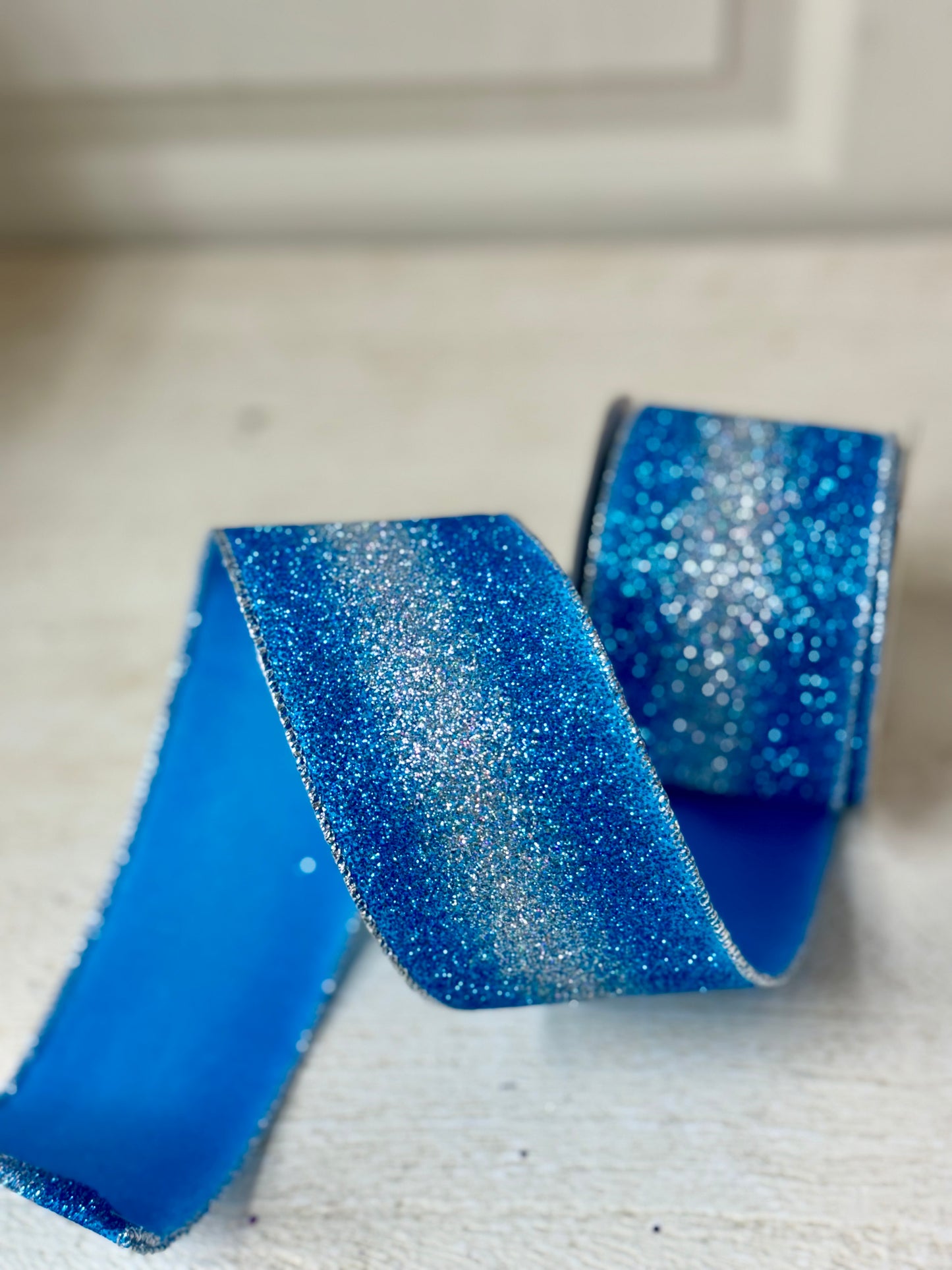 2.5 Inch By 10 Yard Turquoise Blue And Silver Glitter Gradient Ribbon