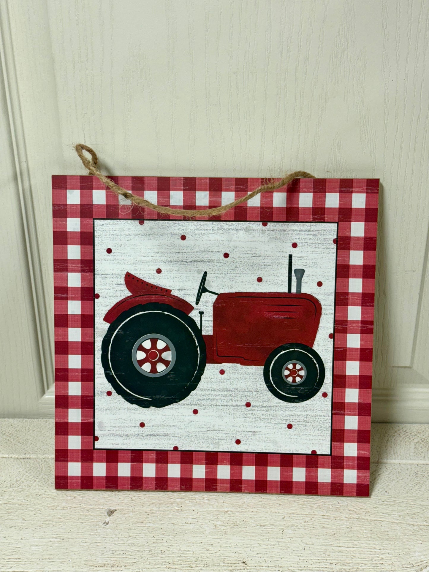 12 Inch Red Gingham Tractor Square Wooden Sign