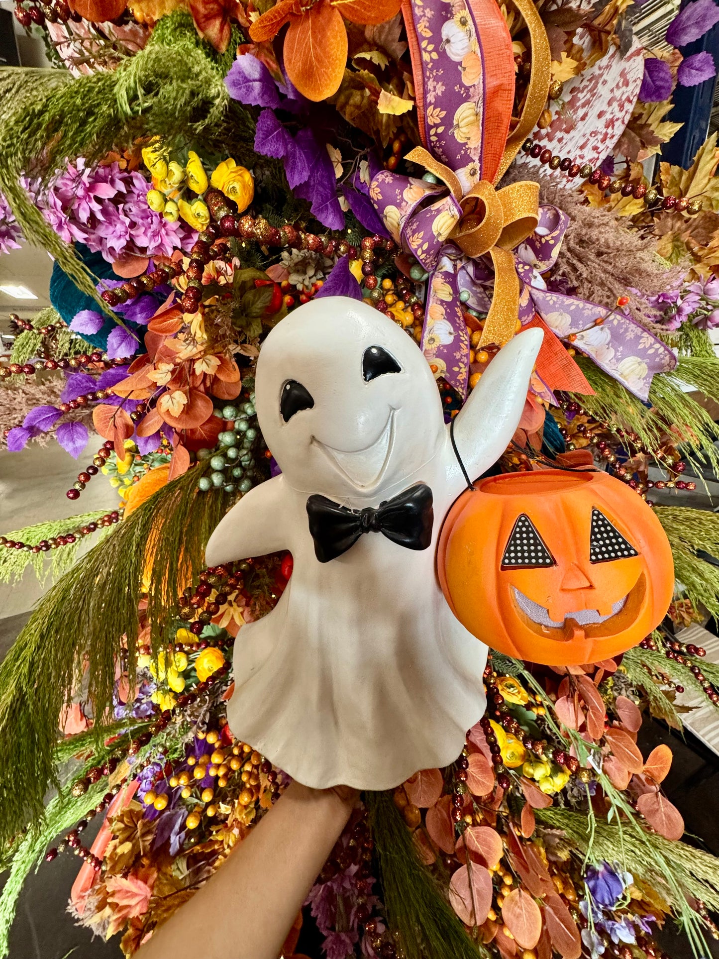 16 Inch Halloween Resin Ghost With Bow Tie And Jack O Lantern