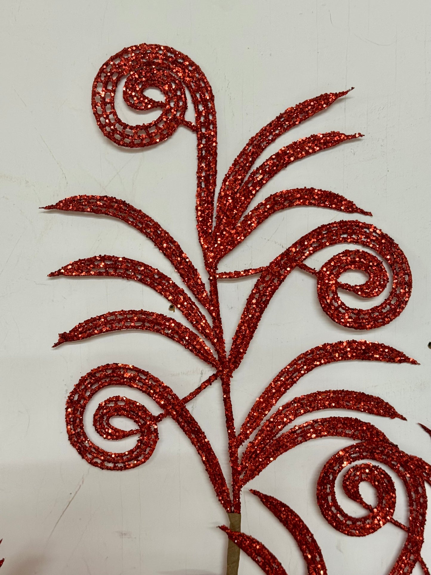 35 Inch Red Glittered Swirl Palm Spray