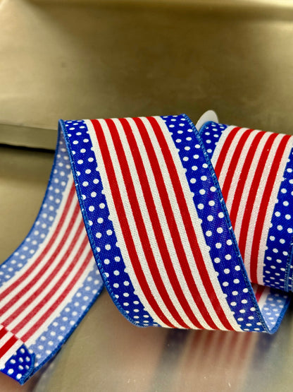 2.5 Inch By 10 Yard Red White And Blue Stripe And Polka Dot Ribbon