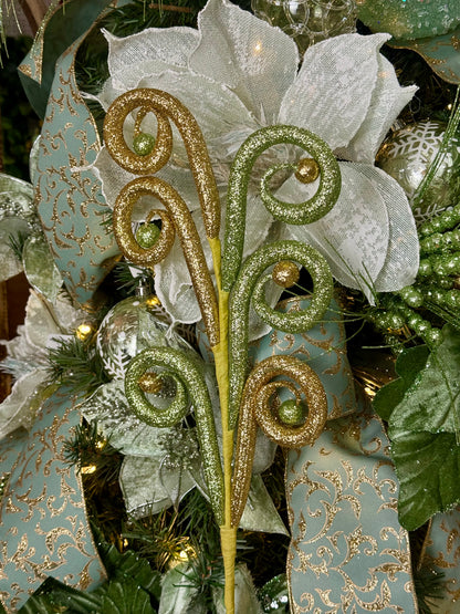 28.5 Inch Sage Green And Gold Glitter Tubing Coil Ball Spray